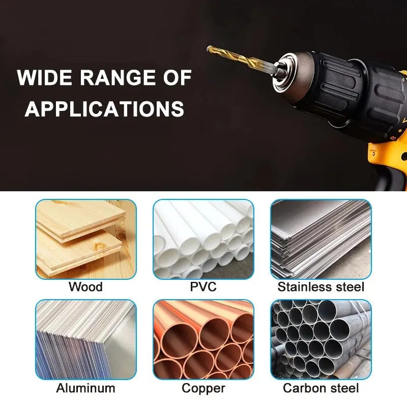 6PCS Titanium-Plated 4341 HSS Composite Tap and Drill Set – Integrated Tapping & Chamfering Tool Kit for Metal & Wood