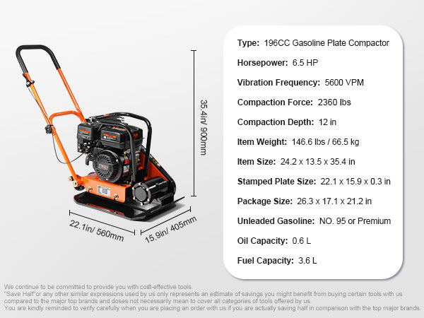 Gasoline Plate Compactor 6.5 HP Force Vibratory Compaction Tamper For Walkways, Patios, Asphalts Paver Landscaping