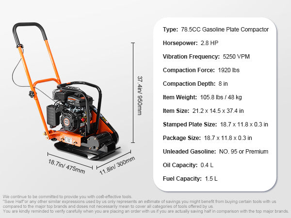 Gasoline Plate Compactor 6.5 HP Force Vibratory Compaction Tamper For Walkways, Patios, Asphalts Paver Landscaping