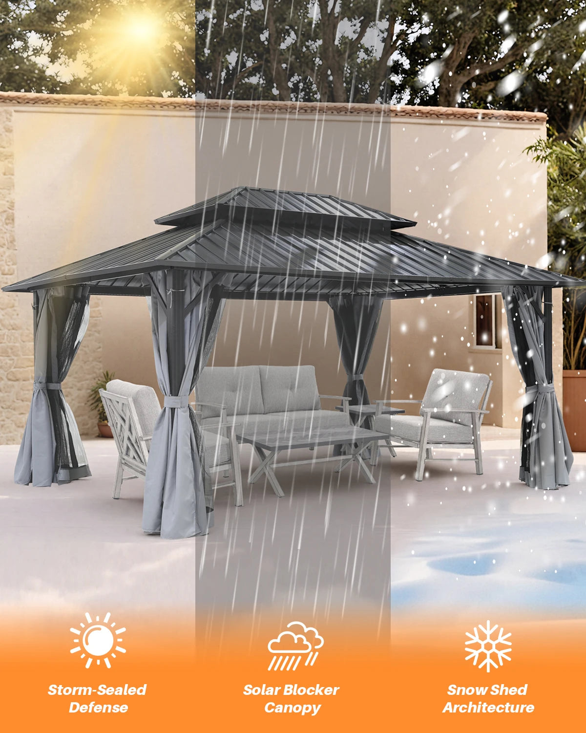 12' x 16' Outdoor Hardtop Gazebo with Aluminum Frame, Double Steel Roof Patio Pergola with Netting and Curtains