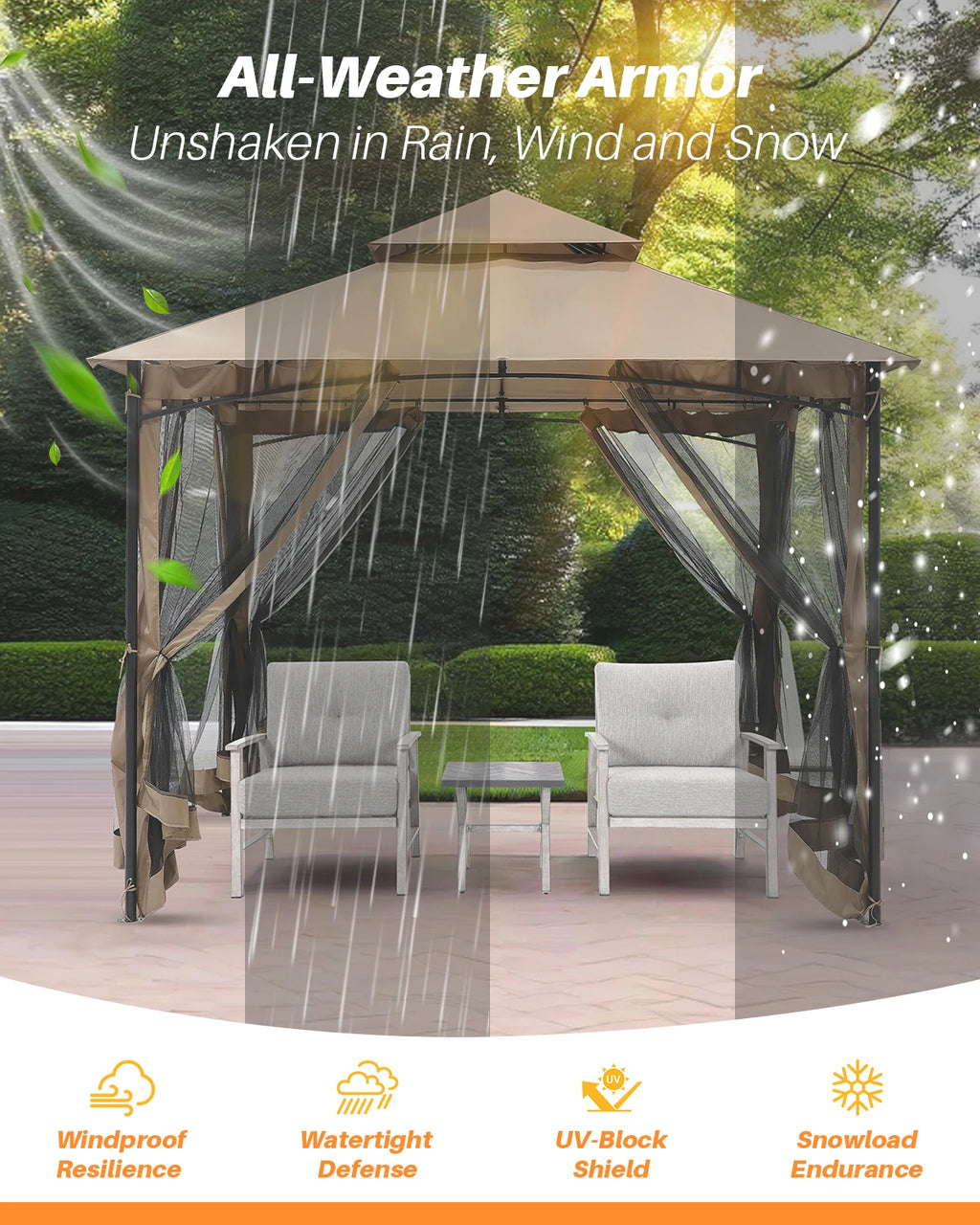 SeeHill 10' x 10' Patio Gazebo with Steel Frame and Double Roof, Outdoor Canopy Tent with Mosquito Netting for Garden or Lawn