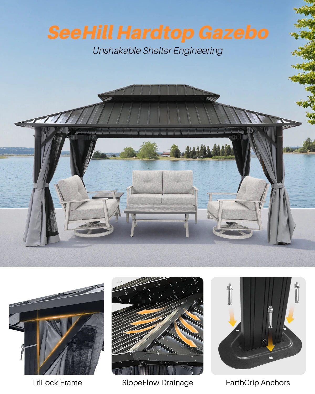 12' x 16' Outdoor Hardtop Gazebo with Aluminum Frame, Double Steel Roof Patio Pergola with Netting and Curtains
