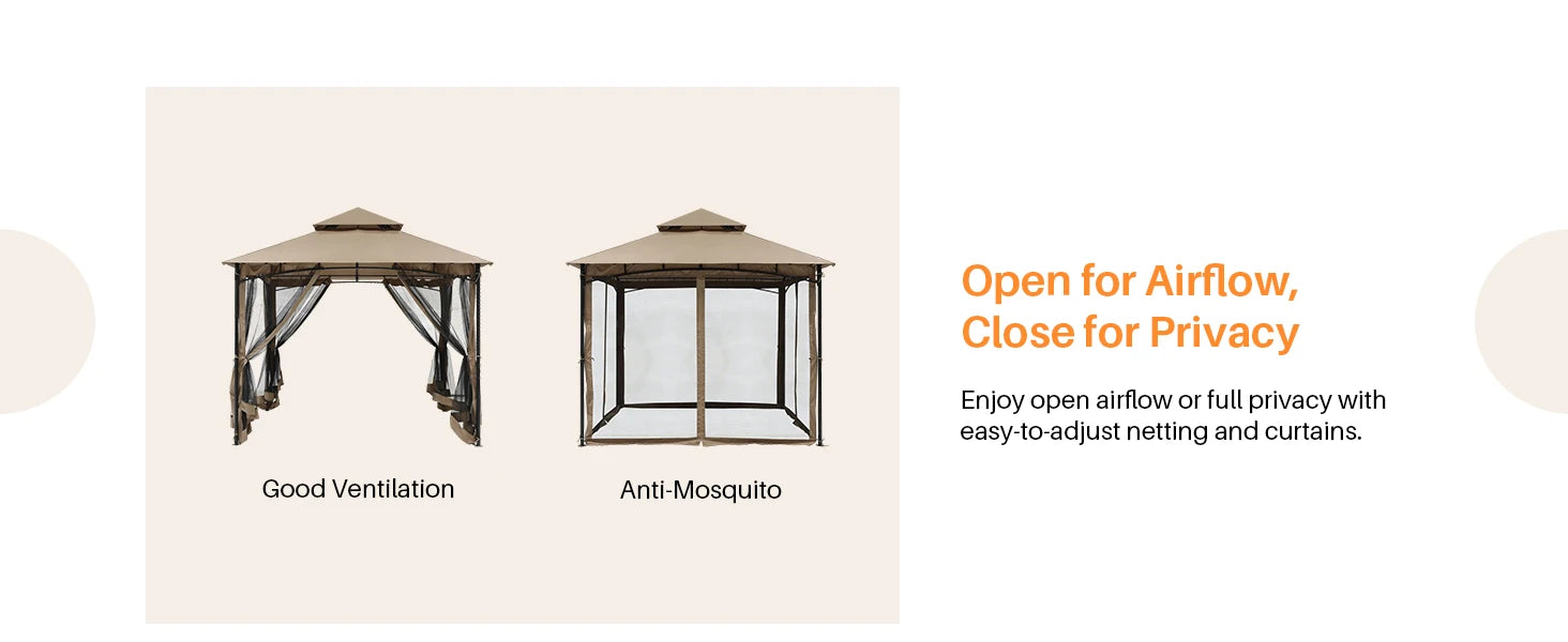 SeeHill 10' x 10' Patio Gazebo with Steel Frame and Double Roof, Outdoor Canopy Tent with Mosquito Netting for Garden or Lawn