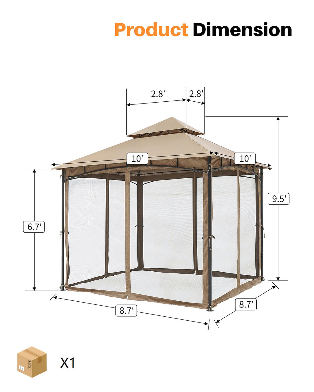 SeeHill 10' x 10' Patio Gazebo with Steel Frame and Double Roof, Outdoor Canopy Tent with Mosquito Netting for Garden or Lawn