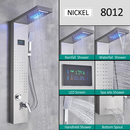 LED Shower Panel Tower System with Rainfall & Waterfall, Hydroelectric LCD Display, Body Massage Jets & Thermostatic Faucet – Black Stainless Steel