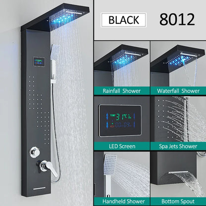 LED Shower Panel Tower System with Rainfall & Waterfall, Hydroelectric LCD Display, Body Massage Jets & Thermostatic Faucet – Black Stainless Steel