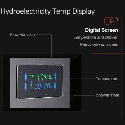 LED Shower Panel Tower System with Rainfall & Waterfall, Hydroelectric LCD Display, Body Massage Jets & Thermostatic Faucet – Black Stainless Steel