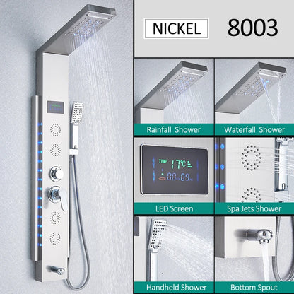 LED Shower Panel Tower System with Rainfall & Waterfall, Hydroelectric LCD Display, Body Massage Jets & Thermostatic Faucet – Black Stainless Steel