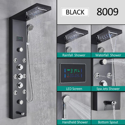 LED Shower Panel Tower System with Rainfall & Waterfall, Hydroelectric LCD Display, Body Massage Jets & Thermostatic Faucet – Black Stainless Steel