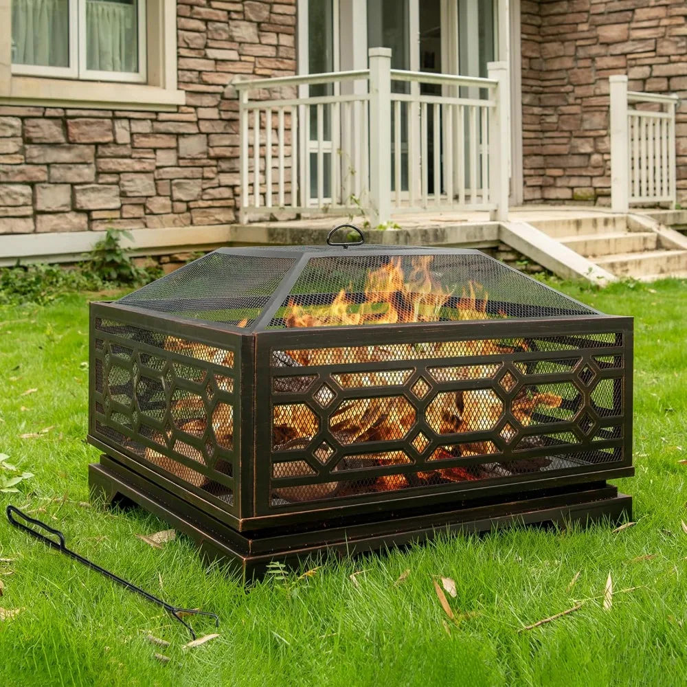 Outdoor Fire Pit, 32 Inch Wood Burning Firepit for Outside with Mesh Cover & Fire Poker, Large Square Metal Fireplace for Patio,