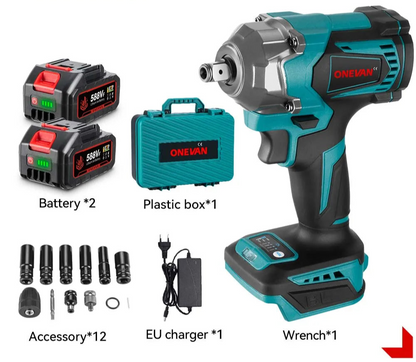 ONEVAN 1200N.M Brushless Cordless Electric Impact Wrench 1/2" | 3-in-1 Power Tool with Drill & Screwdriver Function – For Makita 18V Battery