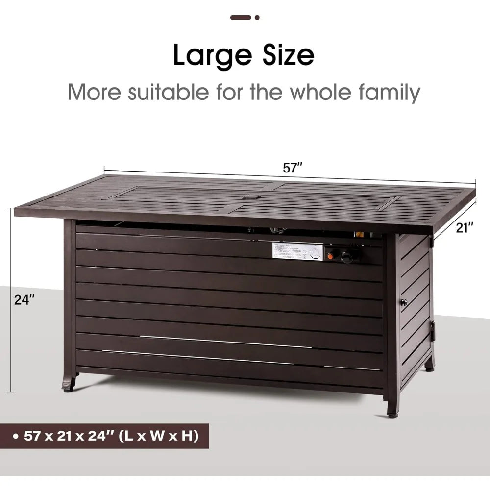 57 inch Gas Fire Pit Table Outdoor Propane Fire Pit Table, 50000BTU Fire Table with Lid, Retangular Bronze Firepit Table