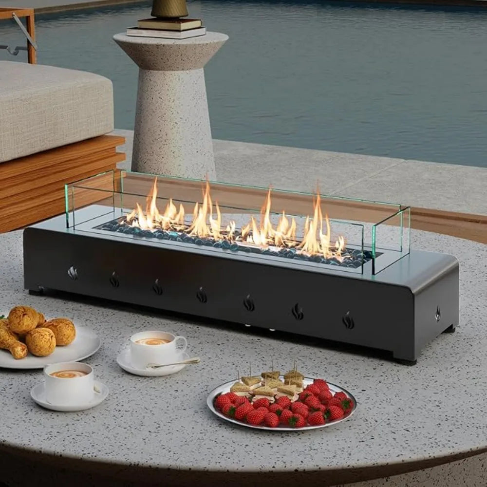 30 Inch Tabletop Propane Fire Pit, 40,000 BTU Table Top Firepit Fire Bowl with Wind Guard, Glass Rocks, Stainless Steel