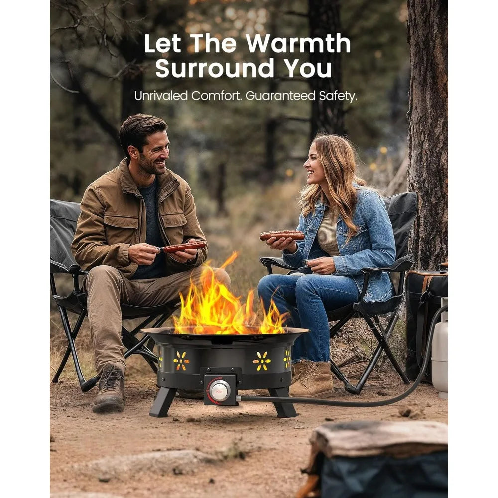 19 Inch Propane Fire Pit with Grill, 58,000 BTU, Folding Legs, Tank Holder, Cover, and Carry Strap - Amada Home Furnishing