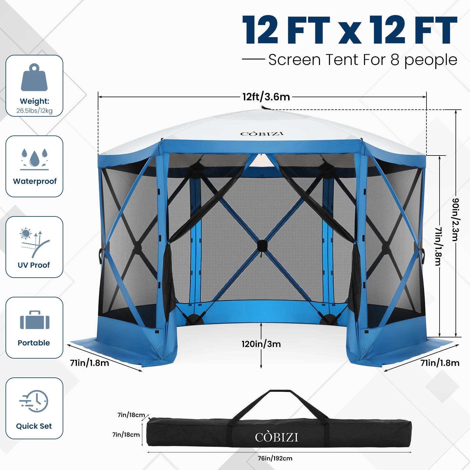 12x12ft Pop up Gazebo Screen House Tent with Mosquito Netting, 6 Sided Pop-up Canopy Shelter Tent Easy-Set Portable Gazebo