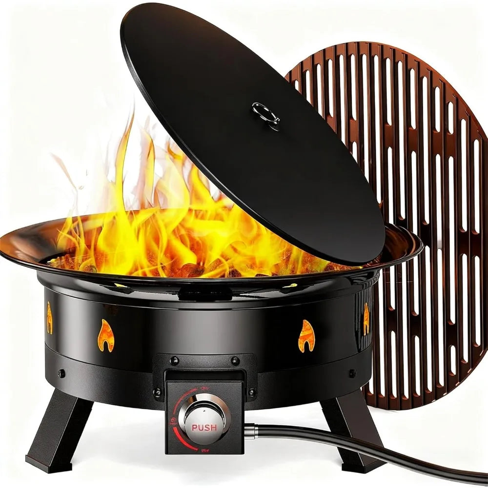 19 Inch Propane Fire Pit with Grill, Folding Legs, Hose Hooks, Tank Holder, Cover, and Carry Bag