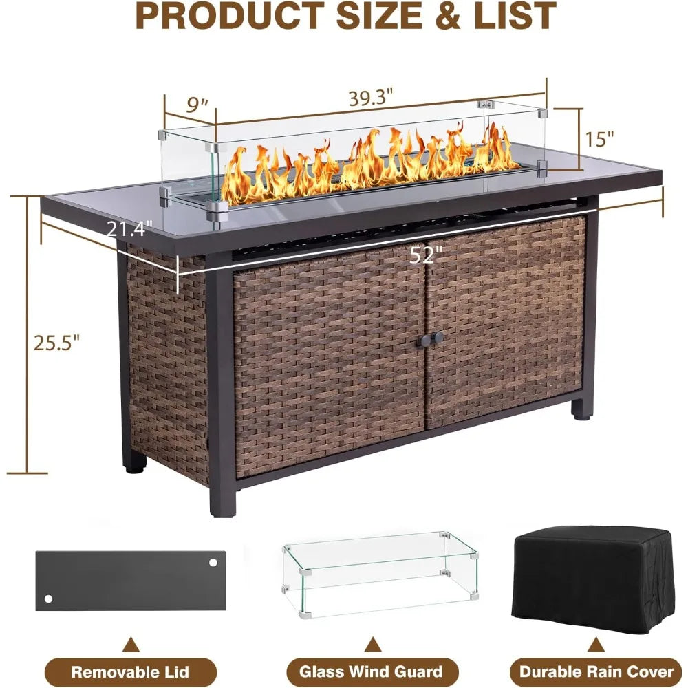 52 Inch Outdoor Propane Gas Fire Pit Table, 50000 BTU Rectangle Propane Fire Pit with Glass Wind Guard, Tempered Glass Top and W