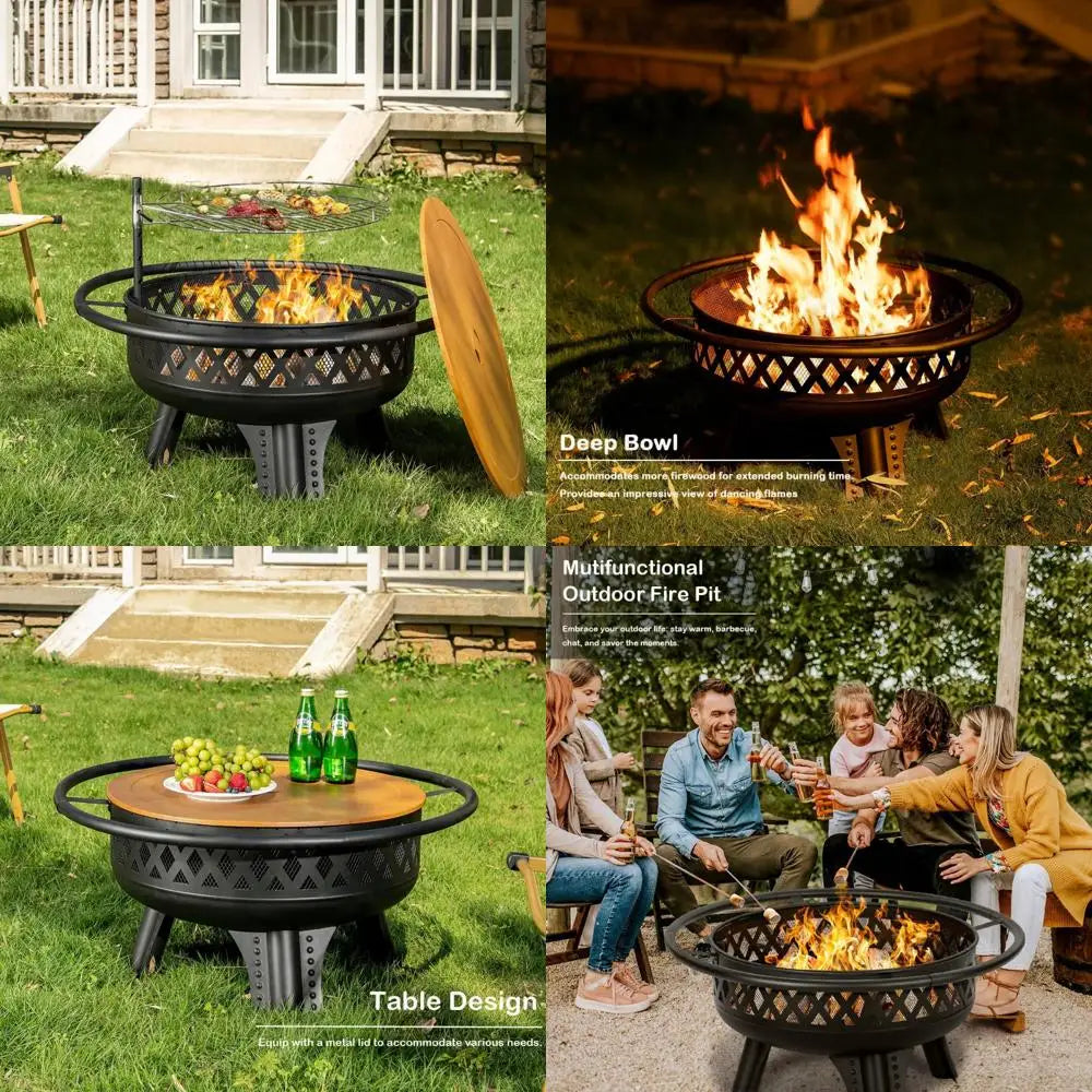 outdoor 32" round metal fire pit table with grill and lidded wood burning patio heater