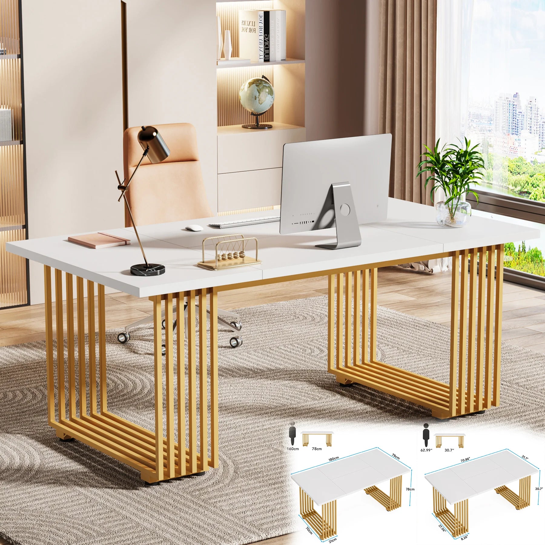 Modern Office Desk, 70.9" Wooden Computer Desk,Executive Desk with Gold Metal Legs, Large Workstation Home Office