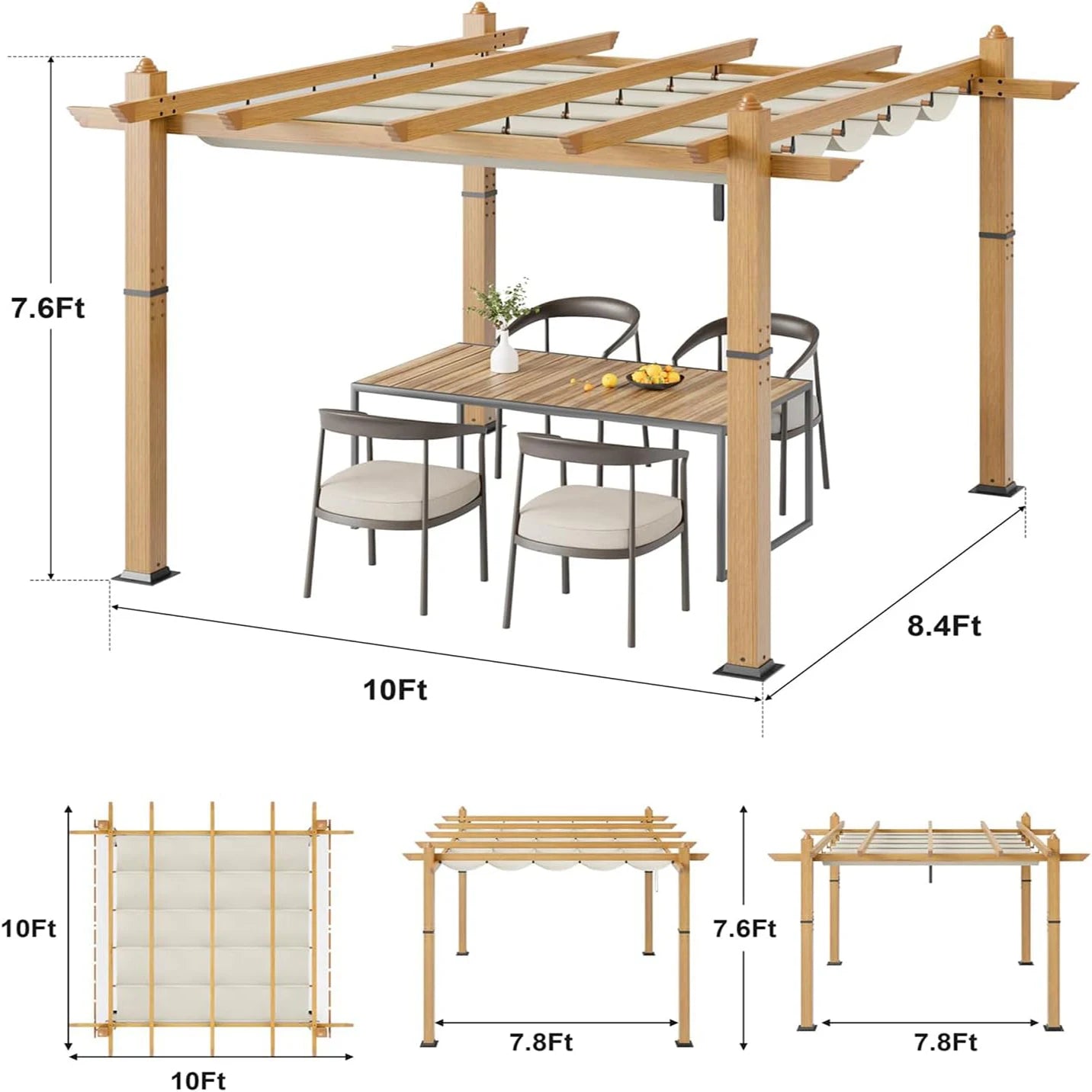 10x10Ft Outdoor Aluminum Pergola,Retractable Pergola with Sun Shade Canopy Patio Shelter for Garden,Grill Gazebo