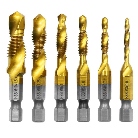 6PCS Titanium-Plated 4341 HSS Composite Tap and Drill Set – Integrated Tapping & Chamfering Tool Kit for Metal & Wood