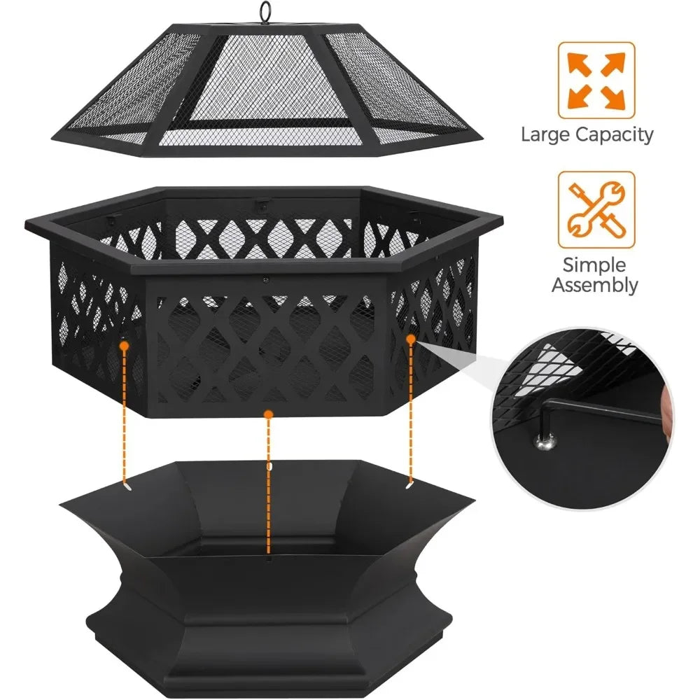 Fire Pit Fire Pits for Outside 24in Hex Shaped Firepit Bowl with Spark Screen & Poker for Patio Backyard Garden Picnic