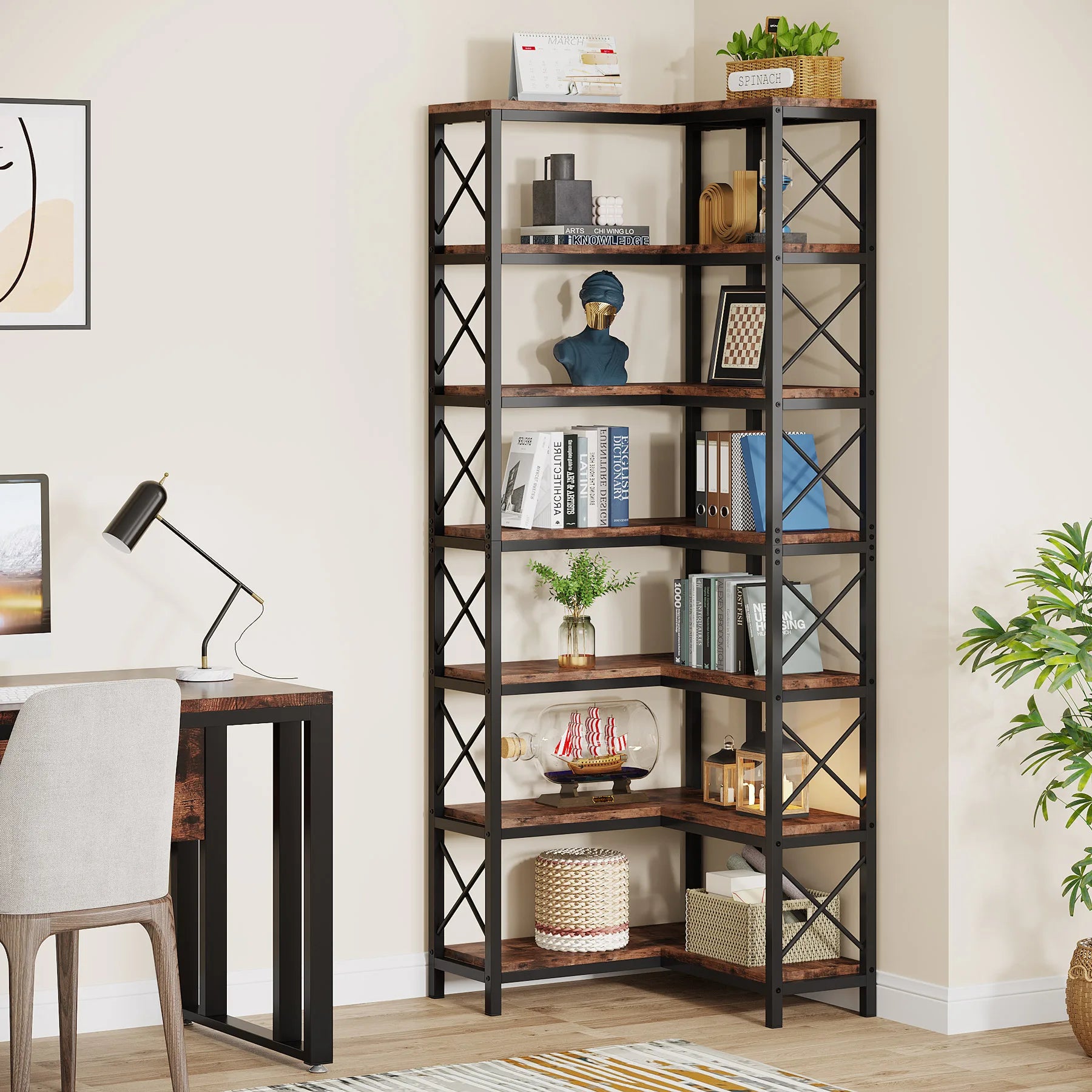 7-Shelf Corner Bookshelf,Large Modern Corner Bookcase, 7-Tier Tall Corner Shelf Storage Display Rack with Metal Frame
