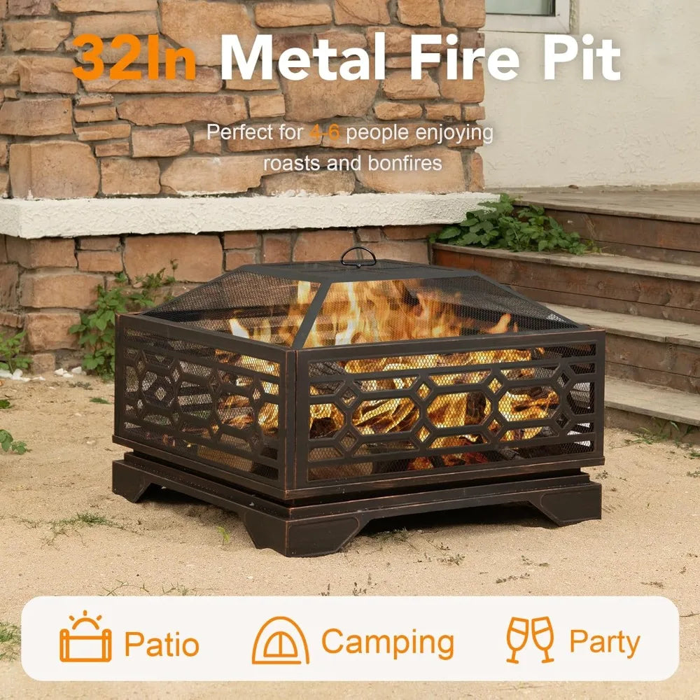 Outdoor Fire Pit, 32 Inch Wood Burning Firepit for Outside with Mesh Cover & Fire Poker, Large Square Metal Fireplace for Patio,