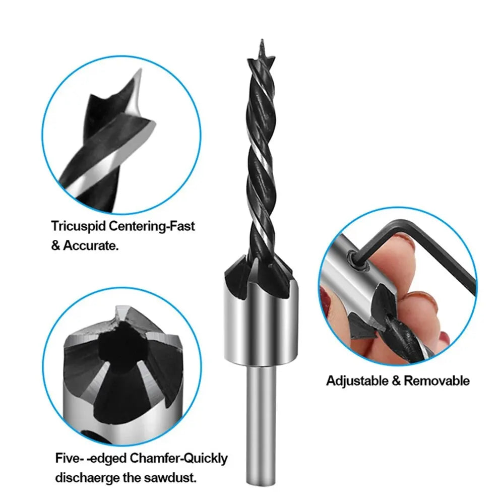 4PC Three-Pointed Woodworking Counterbore Drill Set – 3mm to 6mm High Carbon Steel Reaming & Chamfering Hole Opener Bits