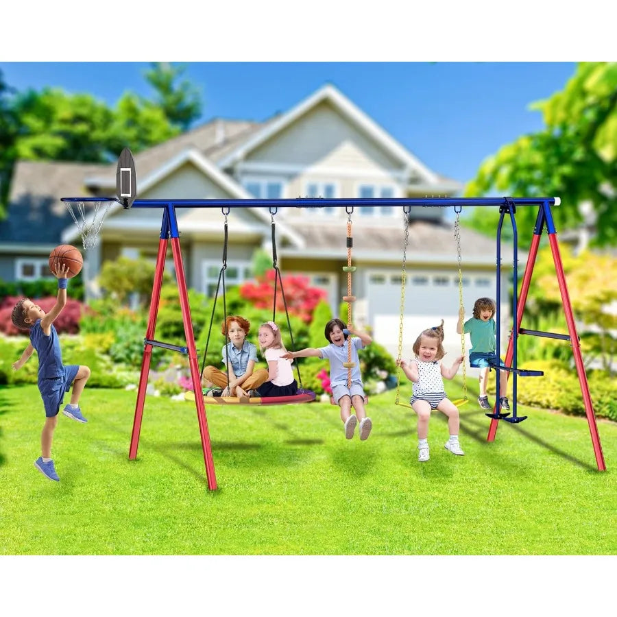5 in 1 HeavyDuty Metal Swing Set for Backyard Outdoor Play for Aged 312 Featuring Saucer Swing Rope Swing Glider and Basketball