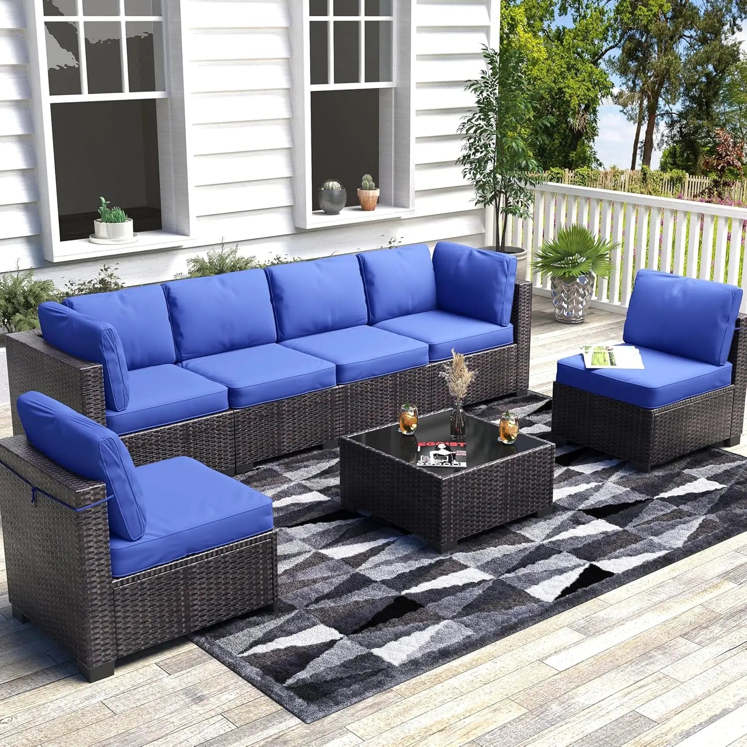 7-Piece Modular Outdoor Furniture Set, PE Rattan Wicker Sectional Modular Conversation Sofa Set, Perfect For Garden Balcony