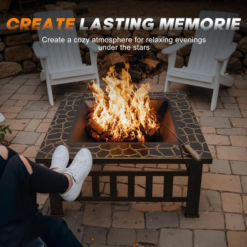 32" metal outdoor fire pit table with waterproof cover for patio and camping (bronze)