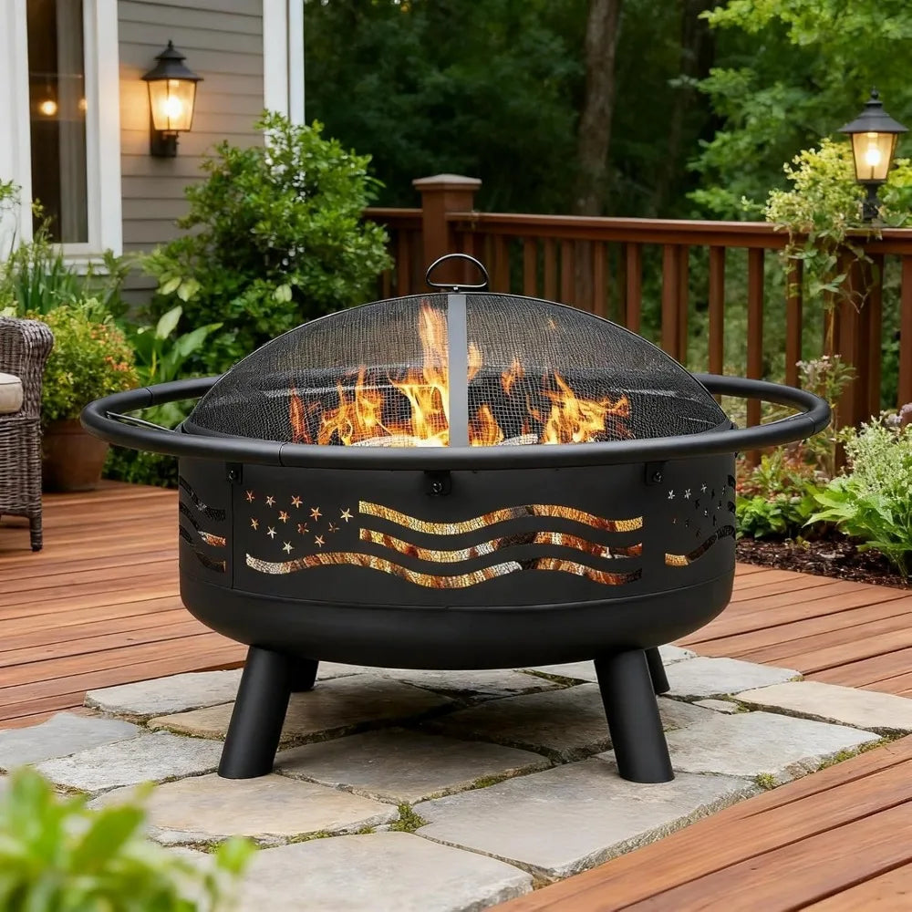 Flag Fire Pit with Mesh Cover & Poker - Round Metal Wood Burning Outdoor Firepit for Patio - ( Garden Backyard)