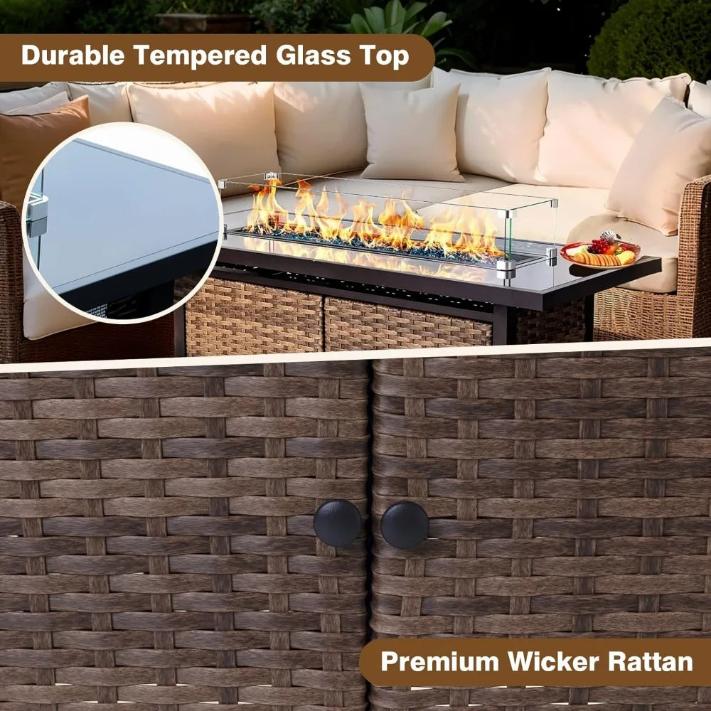 52 Inch Outdoor Propane Gas Fire Pit Table, 50000 BTU Rectangle Propane Fire Pit with Glass Wind Guard, Tempered Glass Top and W