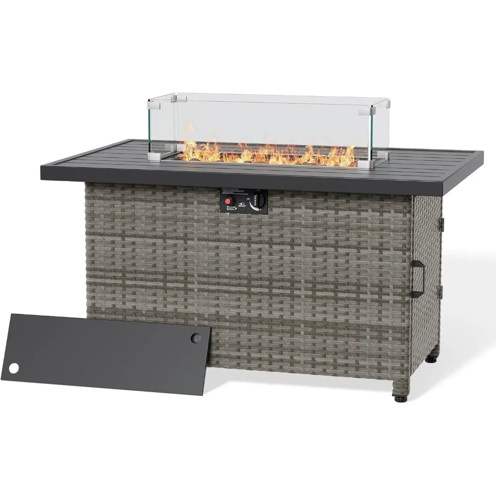 Propane Fire Pit Table 50,000 BTU Outdoor Patio Heater with Glass Wind Guard and Lid