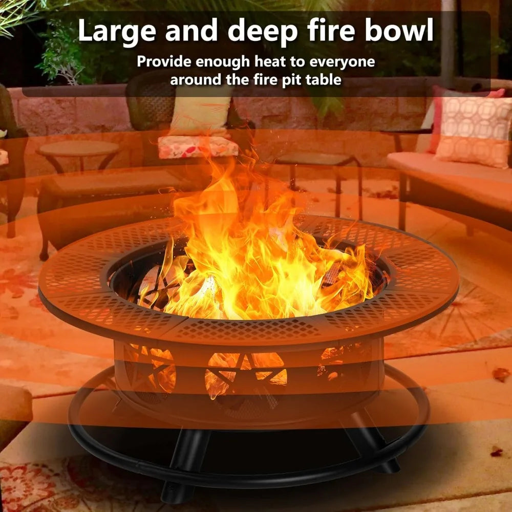 Fire Pit with Grills, Wood Burning Fire Pits for Outside with Lid & Poker, BBQ& Outdoor Firepit & Round Metal Table 3 in 1