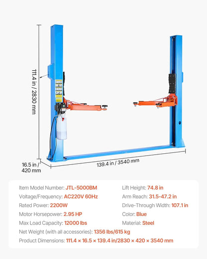 2 Post Lift, 12000 lbs Capacity, 220V 2.95 HP Powerful Motor, Two Post Car Lift Auto Hoist for Sedan SUV Pickup, Autom