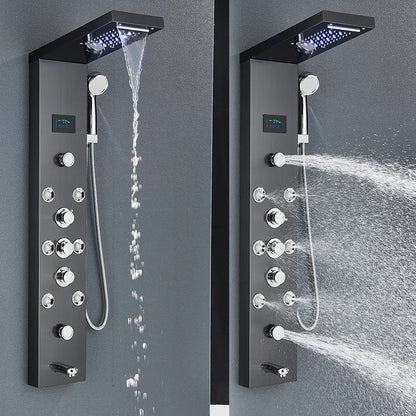 LED Shower Panel Tower System with Rainfall & Waterfall, Hydroelectric LCD Display, Body Massage Jets & Thermostatic Faucet – Black Stainless Steel
