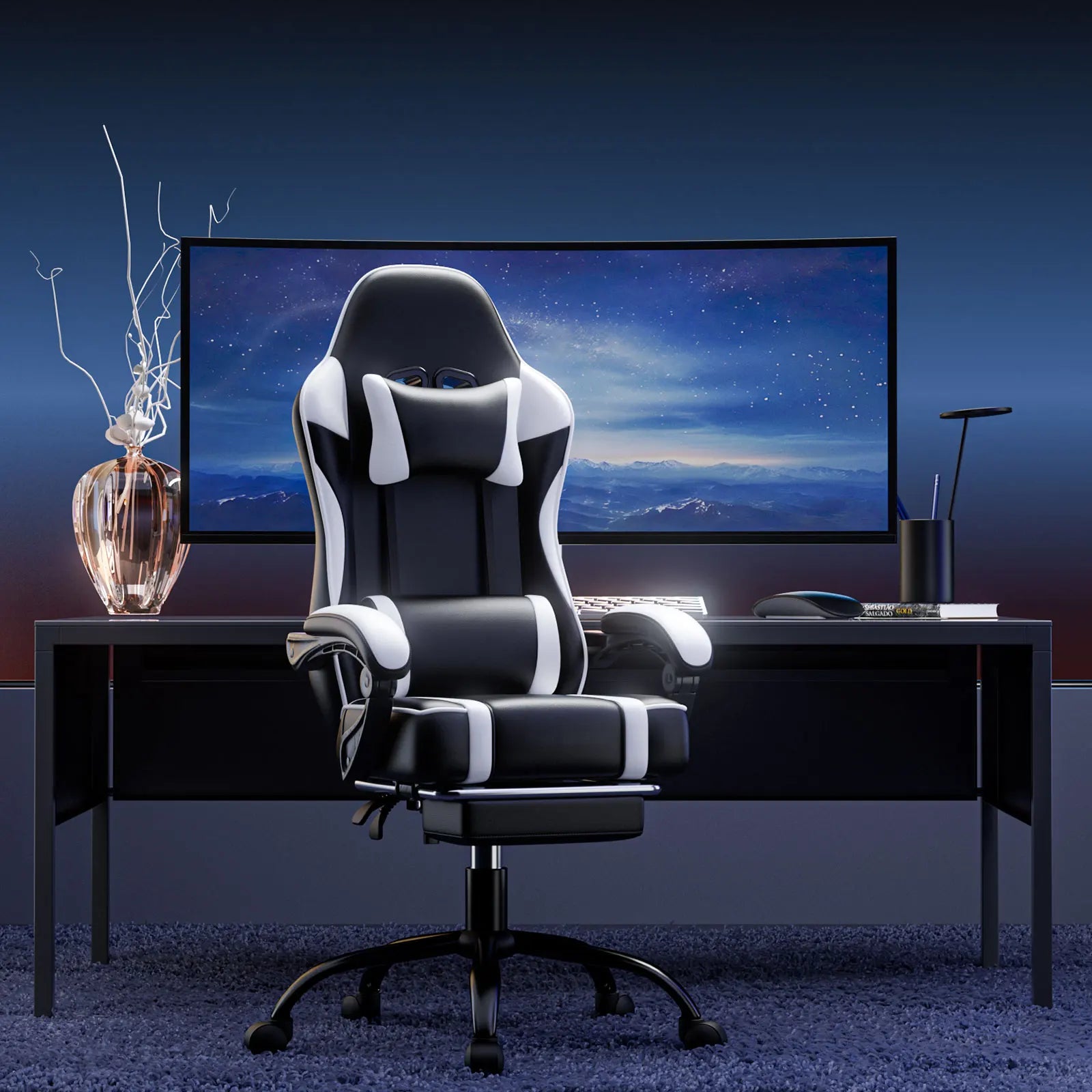 Ergonomic Gaming Chair with Footrest, High-Back Video Game Chair Computer Chair, Office Chair with Headrest and Lumbar, PU Leath