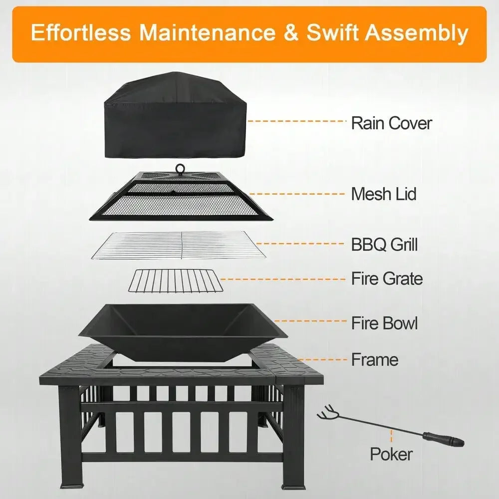 32" Square Metal Fire Pit Outdoor Patio Garden Backyard Stove Firepit Brazier