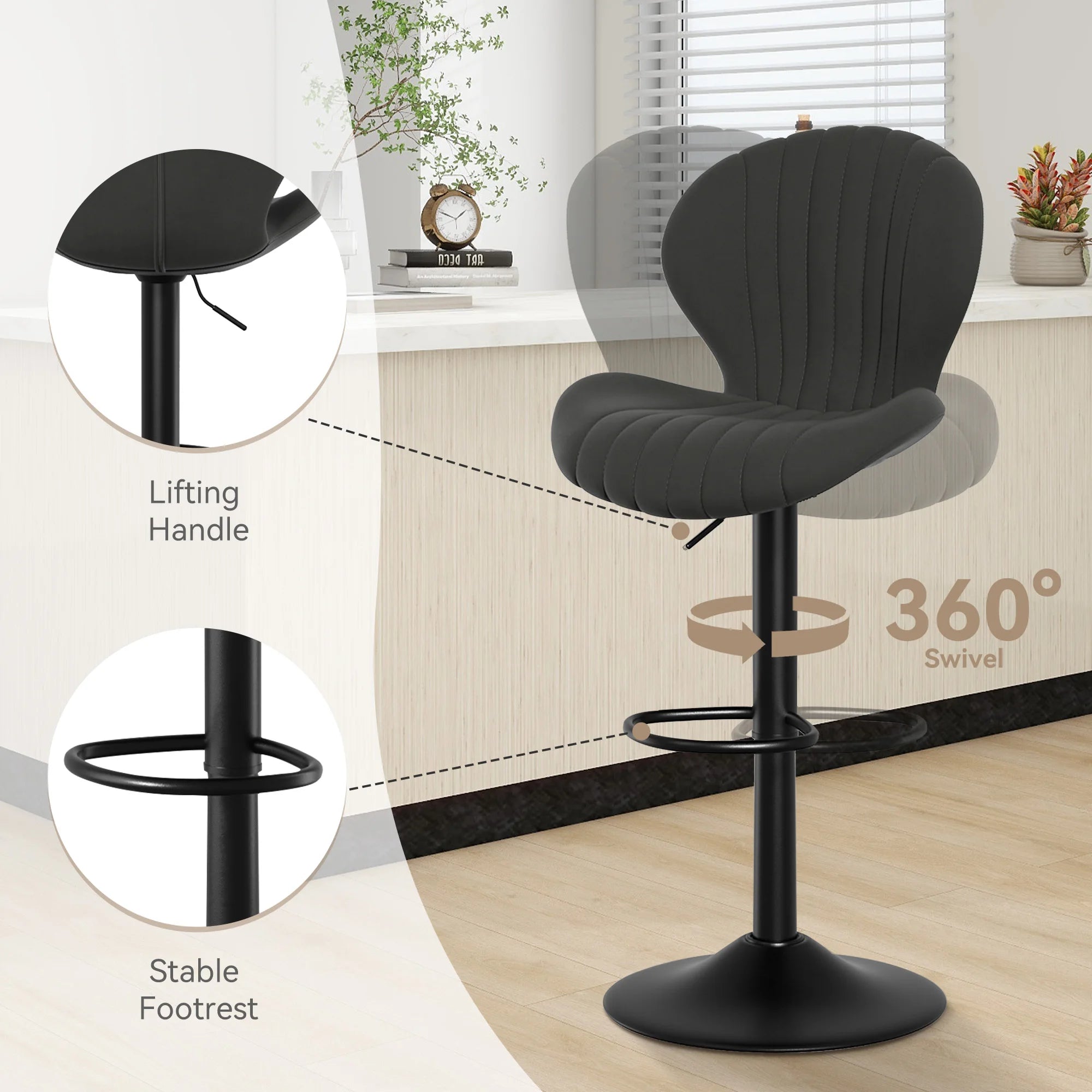 4 Pcs Rotary Bar Stools, 360° Adjustable Counter Height Stool, PU Leather Upholstered With Backrest And Handrails，Bar Furniture