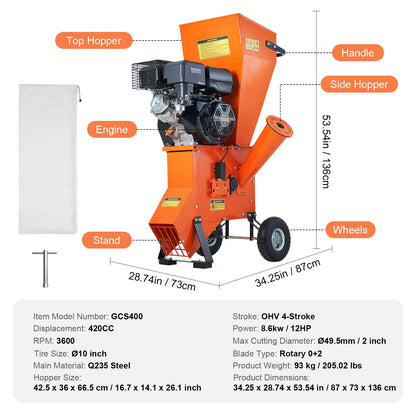Wood Chipper Shredder Mulcher Heavy Duty Gas Powered 4.1/8.6KW Woodchipper Fast Wood Chipping Chopping for Forestry