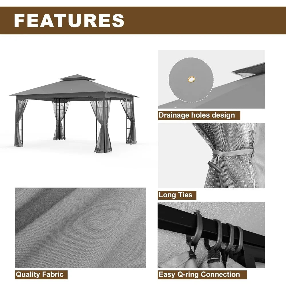 10x12 Outdoor Gazebo Tent with Netting, Double Roof Patio Gazebo with Soft Fabric Top, Outdoor Pavilion for Backyard Patio Garde