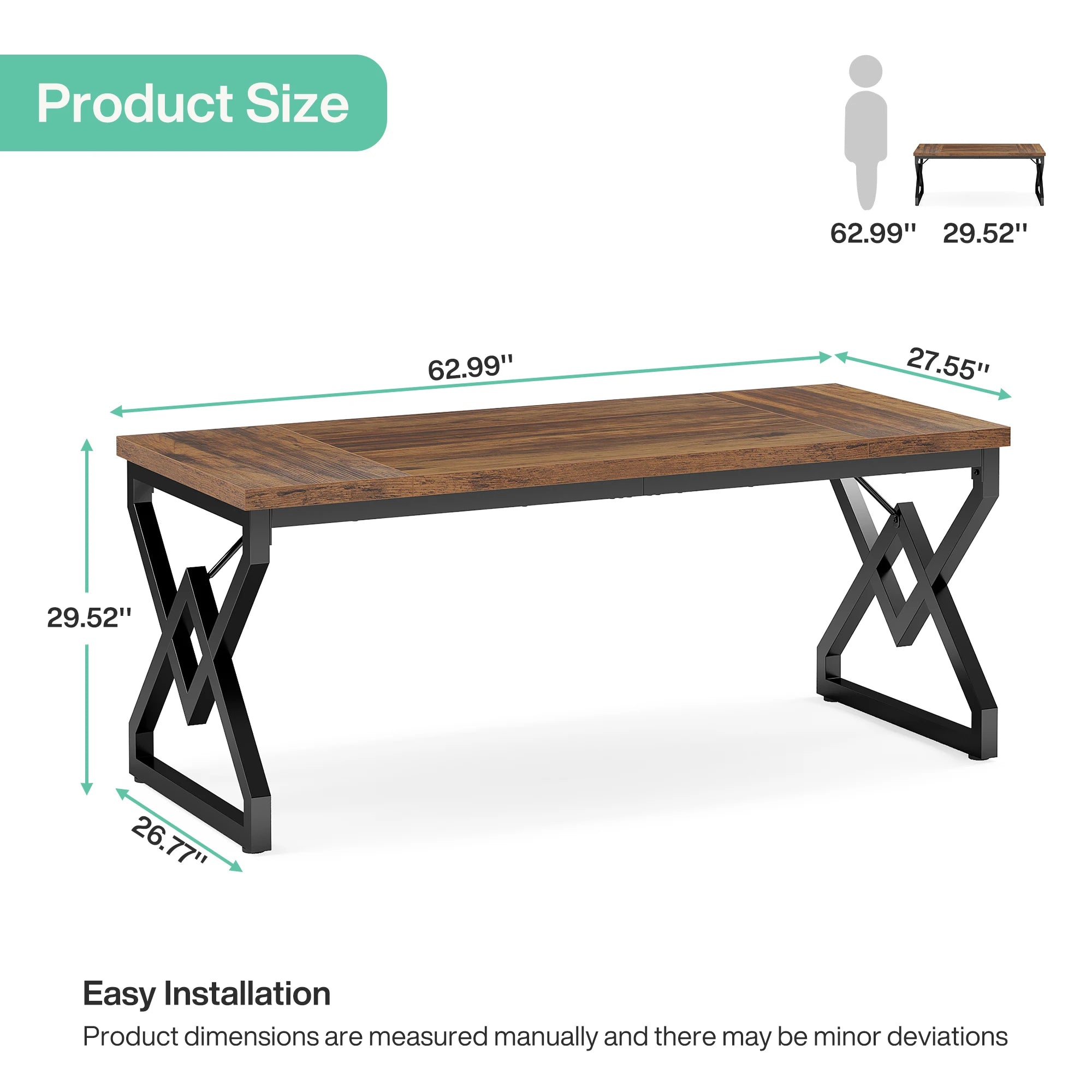 63" Large Industrial Executive Desk with Extra Thickened Tabletop & Metal Frame, Heavy-Duty Home Office Desk