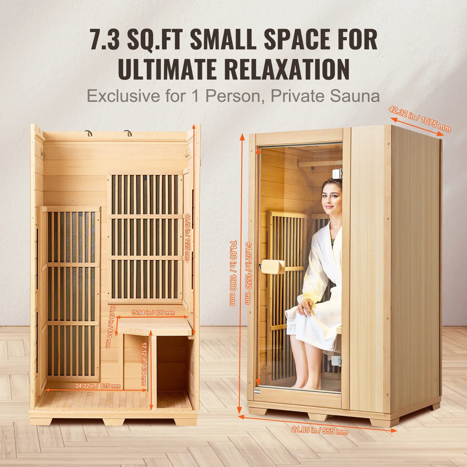 Far Infrared Wooden Sauna  Room Home Sauna Spa for One Single Person  Low EMF Far Infrared Hemlock Wood  1140W Indoor