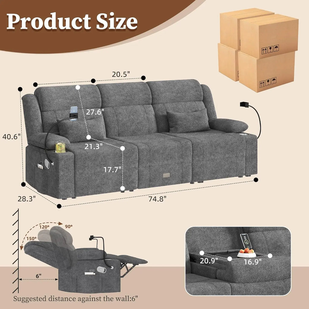 Home Theater Seating，RV Reclining Sofa Set with Adjustable Headrest， Recliner Sofa with Heat and USB&Type-C, Dawer