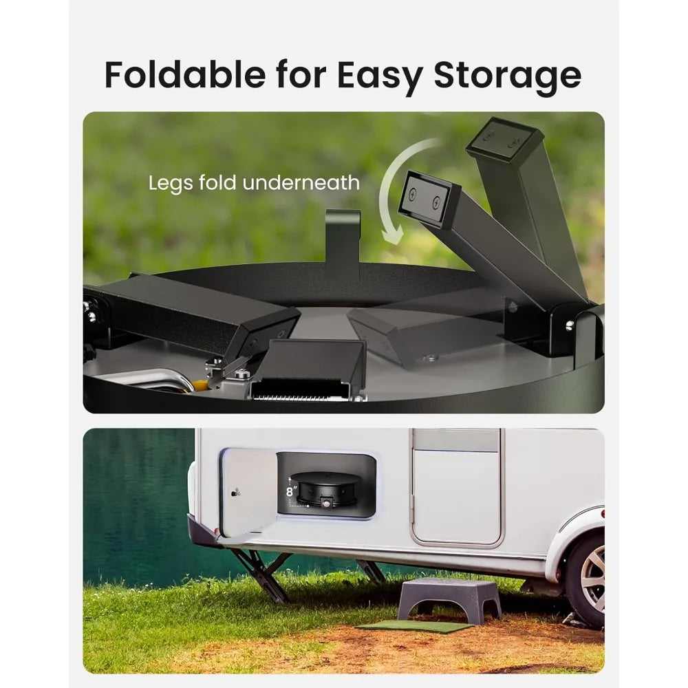 19 Inch Large Outdoor Propane Fire Pit with Grill, Folding Legs, Hose Hooks, Tank Holder, Cover, and Carry Bag