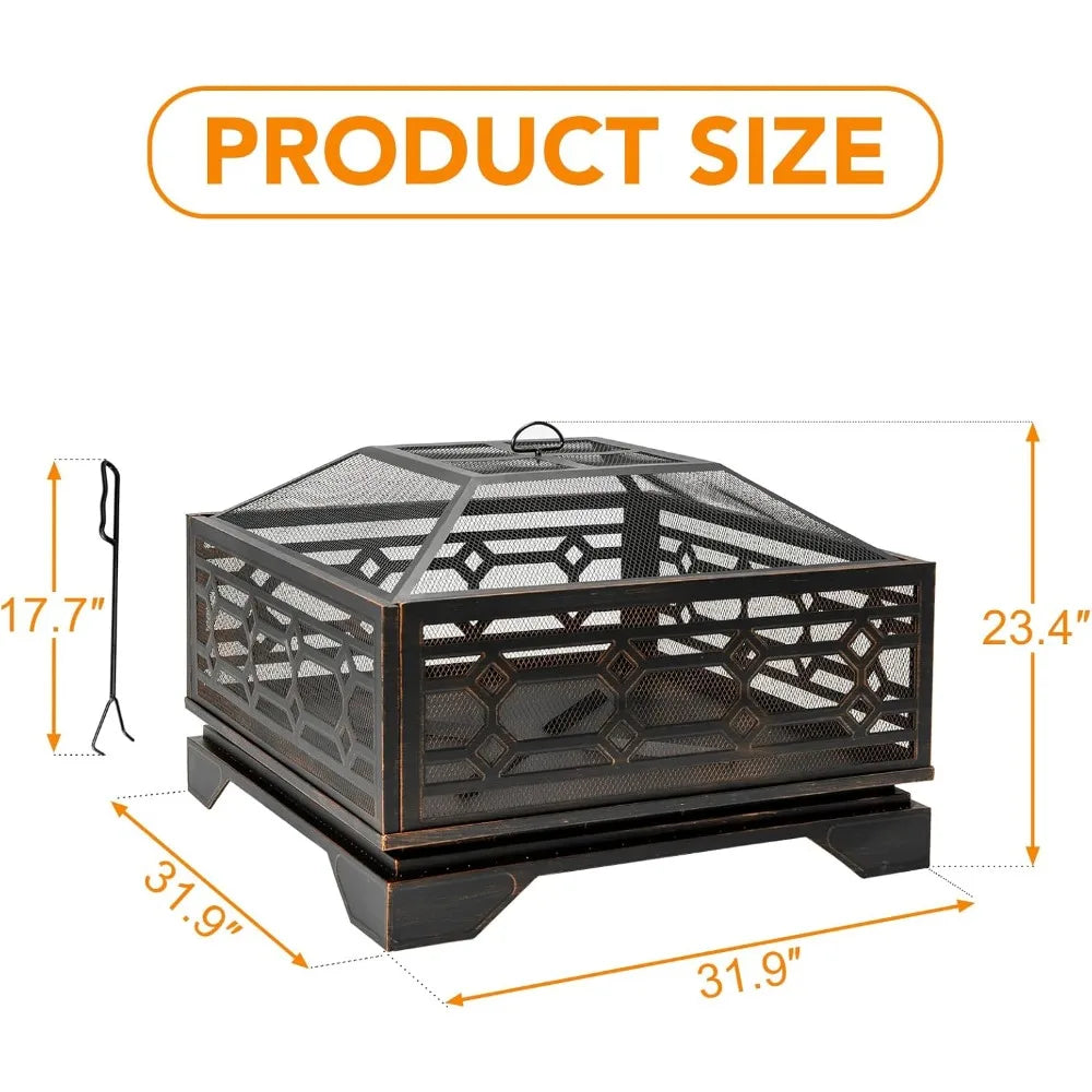 Outdoor Fire Pit, 32 Inch Wood Burning Firepit for Outside with Mesh Cover & Fire Poker, Large Square Metal Fireplace for Patio,