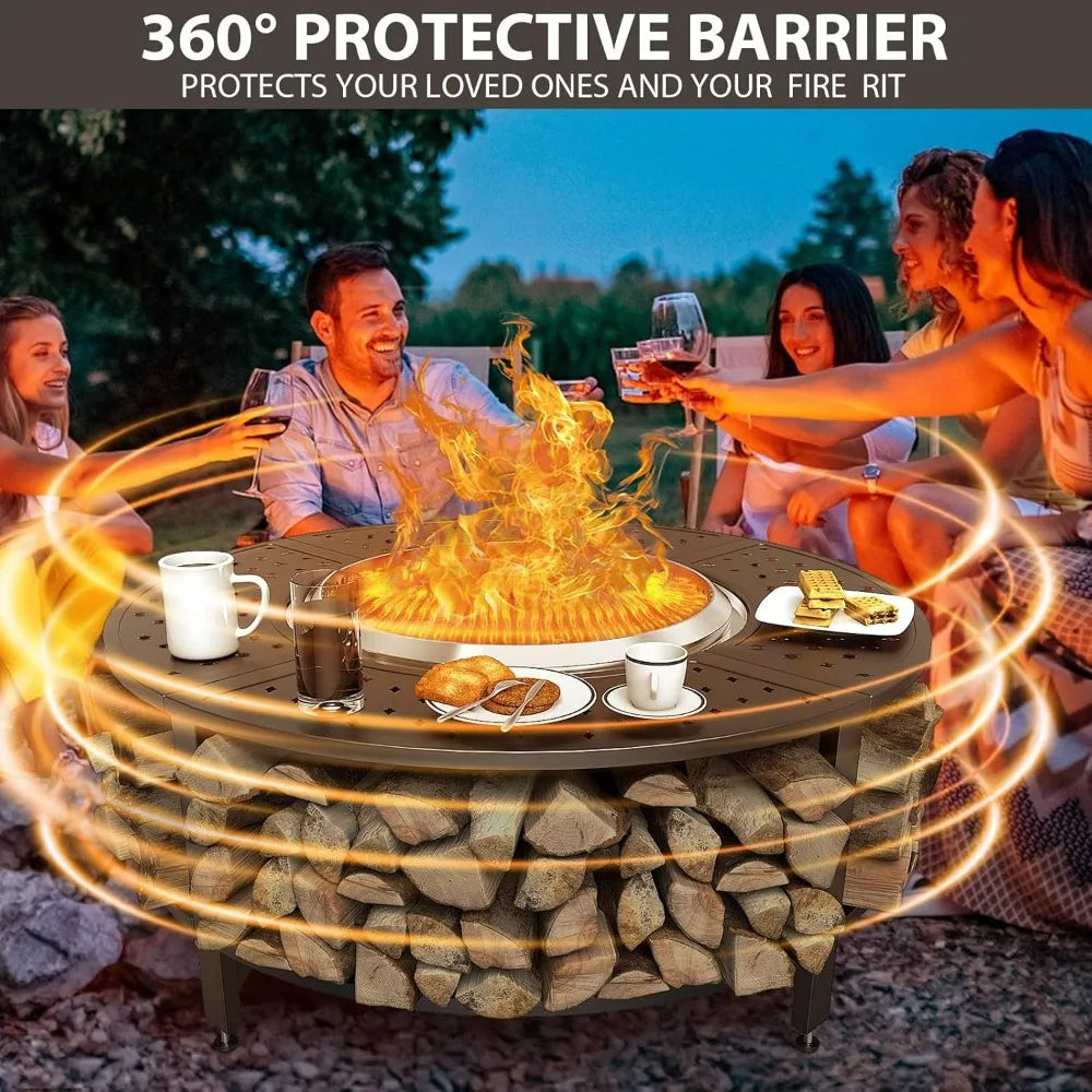 48" Fire Pit Surround Tabletop for Solo Stove Yukon/Bonfire & Tiki, Powder-Coated Steel Surround Table with Firewood Storage Sh