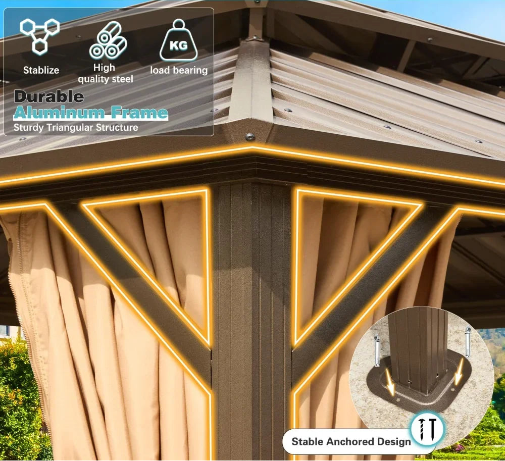 10' X 12' Hardtop Gazebo, Aluminum Frame Gazebos with Galvanized Steel Double Roof, Outdoor Metal Pavilion W/Curtain and Netting